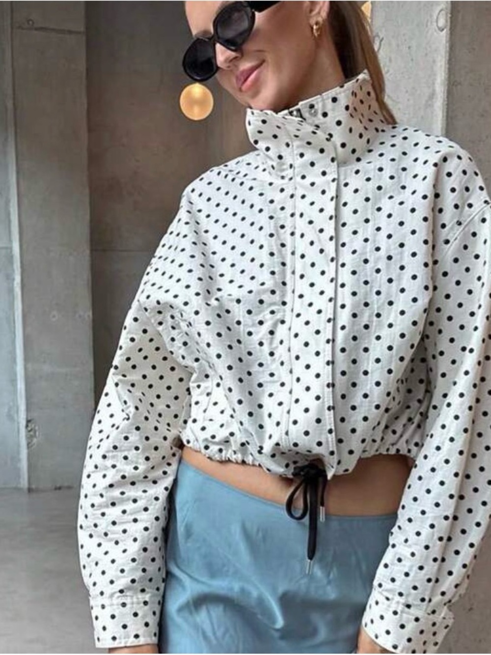 Cropped Polka Dot Bomber Jacket - White with Black Dots